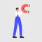 Business Man Character Standing with Magnet Vector Illustration