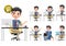 Business man characters in office desk vector set. Business office manager character waving, relaxing and calling.