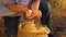 Business man checks the quality of wheat. agriculture concept. close-up. Farmer`s hands pour wheat grains in a bag with