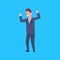 Business Man Cheerful Hold Raised Hands Office Worker Character Businessman Isolated