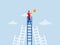 Business man on climb up ladder reaches stars target on sky. Achieve goal and dream,goal, achievement
