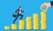 Business man is climbing stairs from stacks coins