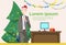 Business Man Decorated Workplace Office Merry Christmas And Happy New Year Businessman Wear Santa Hat