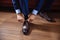 Business man dressing up with classic, elegant shoes. Groom wearing on wedding day, tying the laces and preparing.