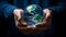 Business Man Hand Delicately Holding Transparent Globe, Symbolizing Environmental Conservation. ESG Concept. Generative Ai