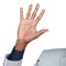 Business man, hand and high five sign of a corporate worker with hands zoom. Isolated, white background and palm of a