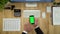 Business Man Hands Using Phone Application At Workplace Flay Lay