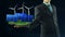 Business man has on hand green energy concept build animation solar panel and windmill black