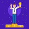 Business Man Holding Trophy on Pedestal