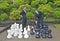 Business man making chess move in garden
