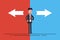 Business man or manager in doubt standing in front of two arrows on blue and red background. Concept flat vector