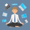 Business man office meditation, relax with office electronic gadgets around zen balance lotus yoga vector illustration
