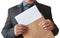 Business man opens envelope with blank sheet, on white background