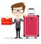 Business man with plastic credit card and suitcase with wheels