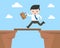 Business man running cross cliff, about business situation, breakthrough obstacle concept