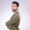 Business man, serious and portrait with arms crossed in studio with pride for career on gray background. Asian male