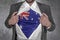 Business man show t-shirt flag of Australia rips open his shirt