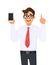 Business man showing/holding a new brand, latest smartphone screen, cell, mobile phone in hand and pointing finger up or gesturing
