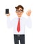 Business man showing new brand, latest smartphone. Man holding cell, mobile phone and gesturing/making okay, OK sign with hand.