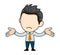 Business man shrugs and spreads his hands. Gesture oops sorry I don`t know. Flat vector in cartoon style