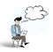Business man sitting in chair and working on laptop with thinking bubble. Flat design. Cartoon Hand Drawn Sketch Vector