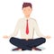 Business man sitting in the padmasana lotus pose. Office worker meditating, relaxing or doing yoga after stress