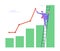 Business Man Stand on Ladder Lean to Column Chart Paint Growing Curve Line. Businessman Work on Growth Data Analysis