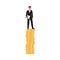 Business man standing on pile of money - male cartoon character in suit