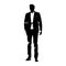 Business man standing in suit with hand in pocket, front view. Abstract vector illustration. Ink drawing. Business people