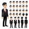 Business man in suit for animation. Front, side, back, 3-4 view character. Separate parts of body. Flat