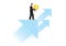 Business man in a suit holding a  light bulb on top of a blue arrow. Concept of innovative entrepreneur moving foward. Vector