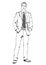 Business man in suit with a tie with a briefcase in his hands standing front side, vector outline portrait male full-length, black