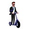 Business man in sunglasses rides an electric scooter.