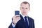 Business man taking selfie photos with mobile camera isolated on