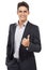 Business man, thumbs up in portrait and agreement in studio, yes vote or review with emoji on white background