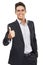 Business man, thumbs up in portrait and success in studio, yes vote or review with like emoji on white background