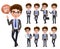 Business man vector character set. Male business characters happy standing, talking and waiving hand.