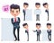 Business man vector characters set. Male business character standing and holding blank whiteboard.