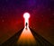 Business man walking thought A Keyhole on Cosmos stars background. Colorful universe with key hole as a doorway. Success business