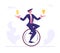 Business Man Wearing Formal Suit Riding Monowheel with Dollar and Light Bulb in Hands. Businessman Character Racing