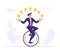 Business Man Wearing Formal Suit Riding Monowheel Juggling with Glowing Light Bulbs. Businessman Character Racing