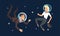 Business Man and Woman Characters in Suit and Astronaut Helmets Flying in Outer Space Among Stars Vector Set