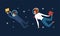 Business Man and Woman Characters in Suit and Astronaut Helmets Flying in Outer Space Among Stars Vector Set