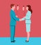 Business man and woman shaking hands pretend to agree and hide mutual hostility