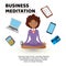 Business meditation. Woman with mobile phone in formal clothing doing yoga trying meditate to keep calm and to