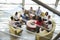 Business meeting in a lounge area, seen through stair rail