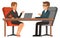 Business meeting. Man and woman sit at table. Work conversation