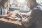 Business meeting. Teamwork. Businessman and businesswoman sitting at table and working.