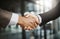 Business men in handshake hand showing success, support and trust through sign and symbol. Closeup fingers of office