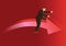 Business metaphor of businessman surfing on a red arrow wave